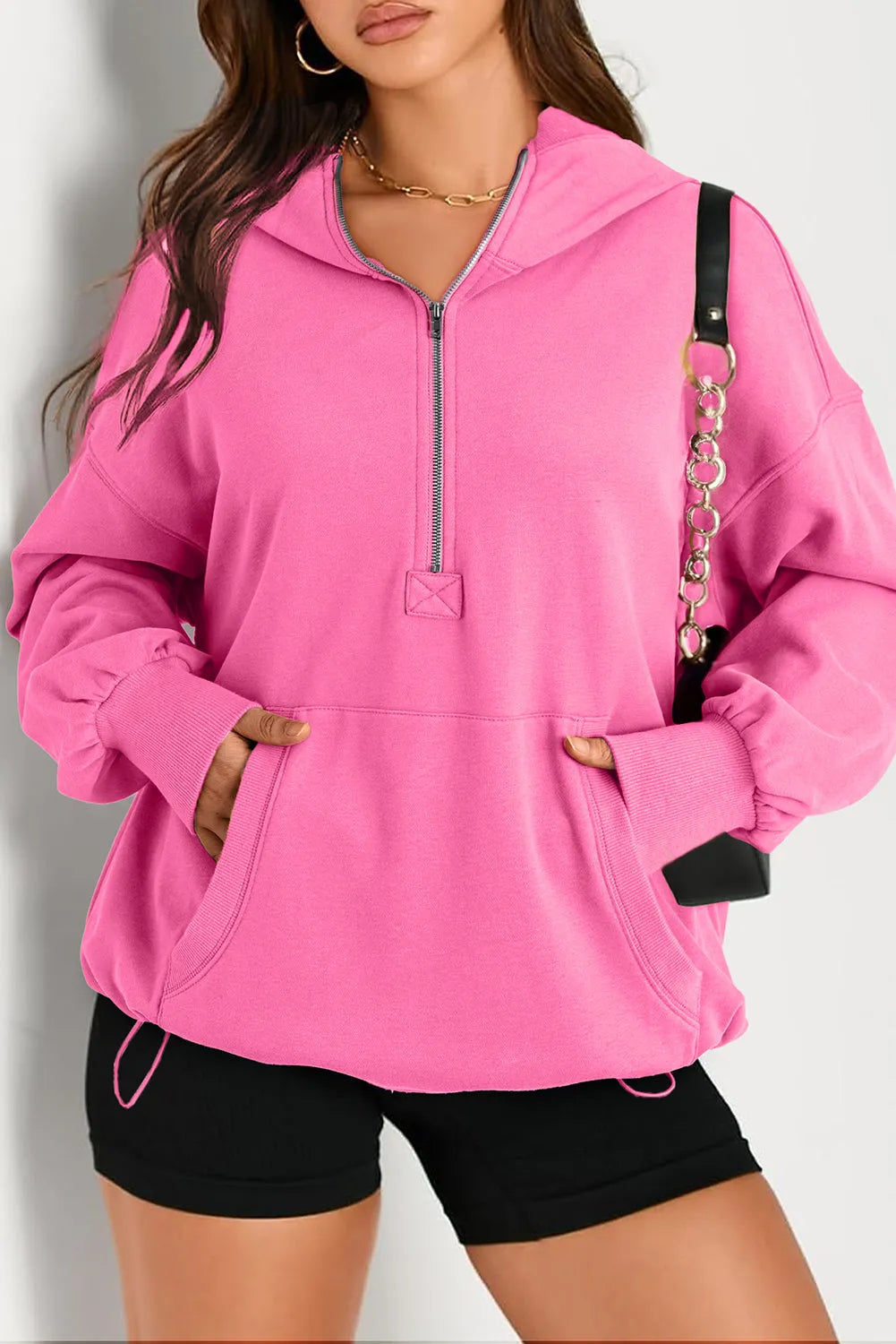 Bonbon Solid Kangaroo Pocket Half Zipper Oversized Hoodie - Chic Meadow Boutique 