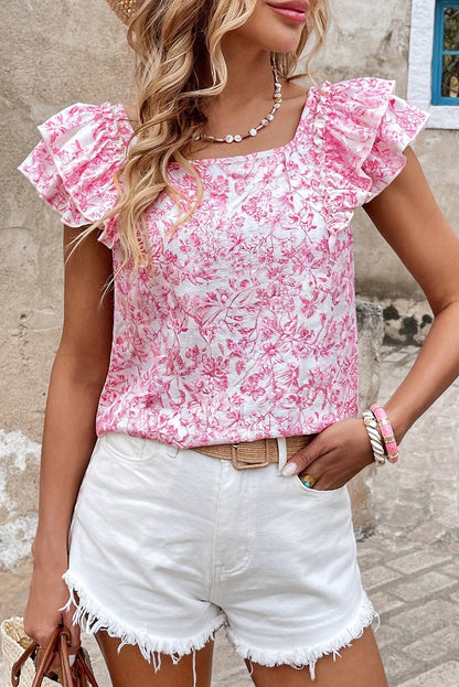 Pink Floral Ruffled Short Sleeve Bow Back Square Neck Blouse