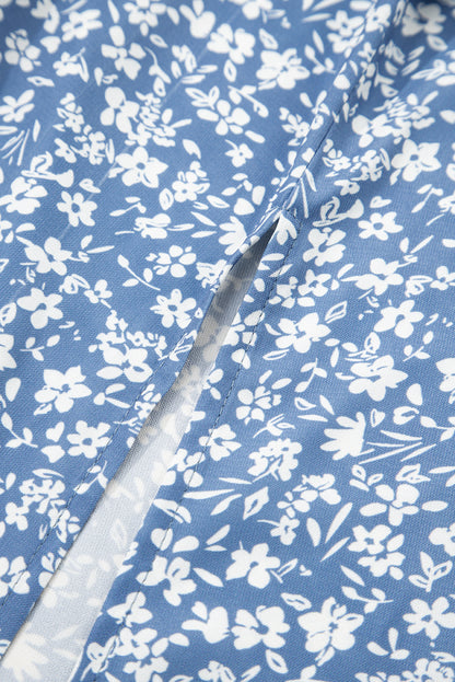 Sky Blue Boho Floral High Waist Long Skirt with Side Split