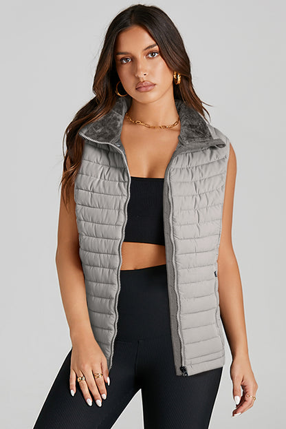 Silvery Plush Collared Quilted Zipped Puffer Vest