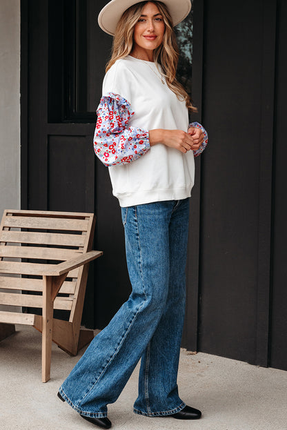 White Floral Ruffled Balloon Sleeve Patchwork Loose Blouse