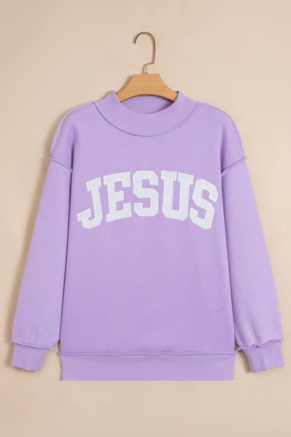 Orchid Bouquet JESUS Letter Patch Graphic Exposed Seam Mock Neck Baggy Sweatshirt