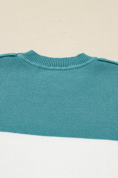 Green Color Block Plain Ribbed Knit Baggy Sweater