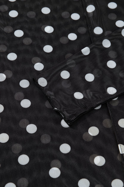 Black Polka Dot Patterned Bodycon Mock Neck Mesh Long Sleeve Top