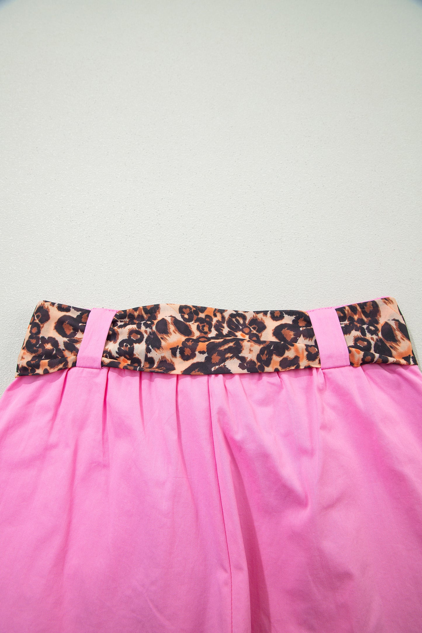 Bright Pink Leopard Contrast Sash Belt Pleated Wide Leg Shorts