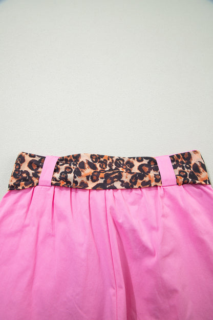 Bright Pink Leopard Contrast Sash Belt Pleated Wide Leg Shorts
