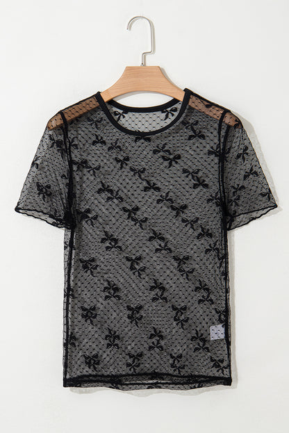 Black Bow Knot Dotted See-through Mesh Patched Slim Fit Blouse