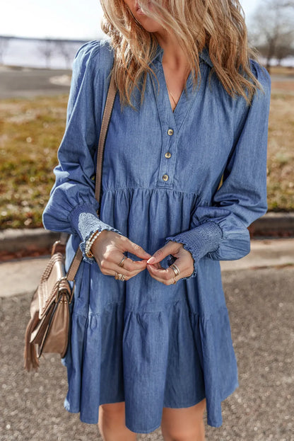 Dusk Blue Smocked Cuff Buttoned Tiered Denim Mini Dress - Chic Meadow Boutique 