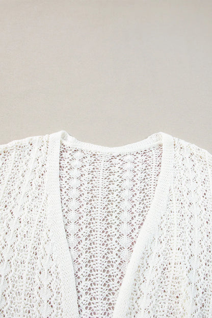 White Stylish Hollow Out Knit Drop Shoulder Cardigan - Chic Meadow Boutique 