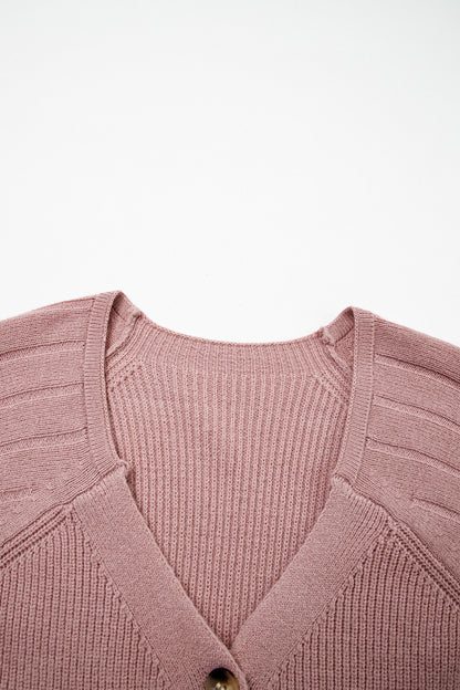 Light Pink Mixed Texture Knit Button V Neck Sweater Cardigan