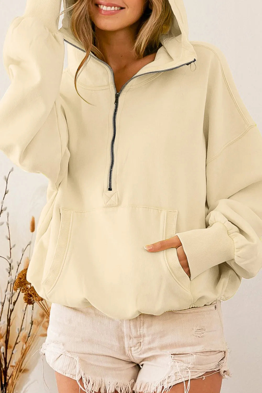 Beige Ribbed Trim Kangaroo Pocket Zipped Hoodie - Chic Meadow Boutique 