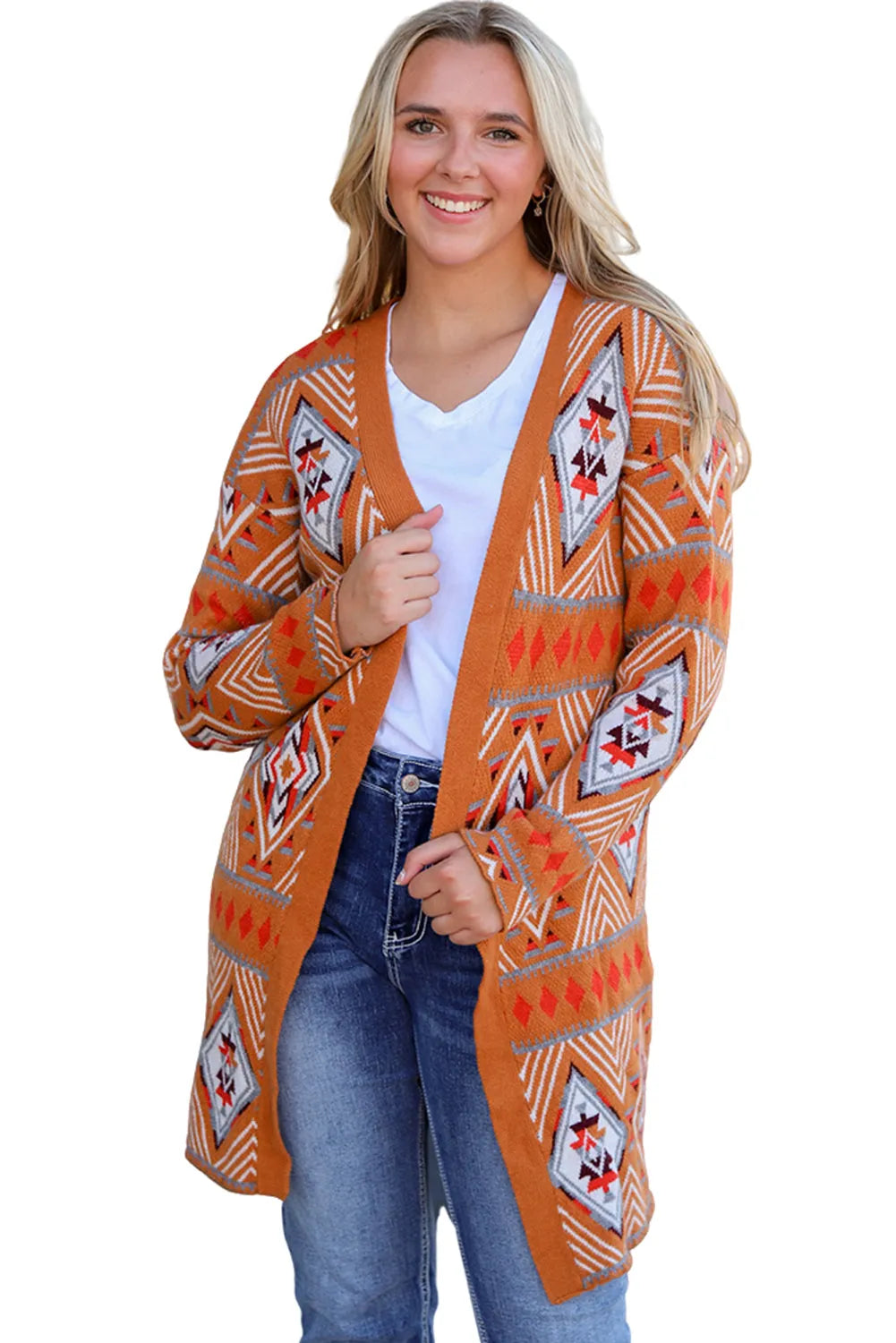 Brown Aztec Geometric Knit Open Front Cardigan - Chic Meadow Boutique 