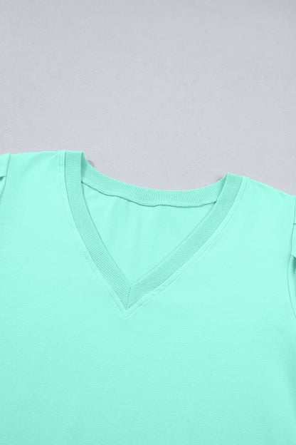Mint Green Solid Color V Neck Short Puff Sleeve Blouse
