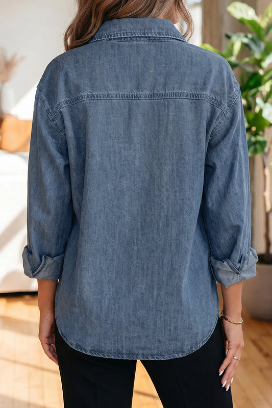 Sky Blue Color Block Pocket Detail Casual Button Down Denim Shirt