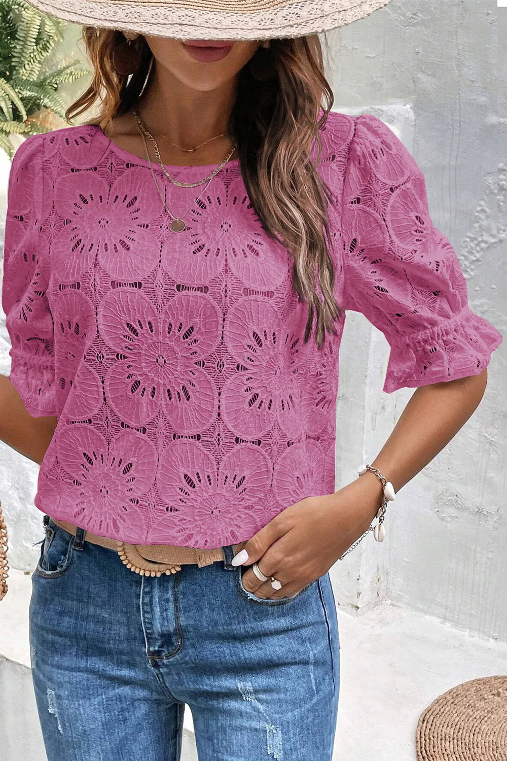 Bright Pink Flower Eyelet Jacquard Keyhole Flounce Sleeve Top - Chic Meadow Boutique 