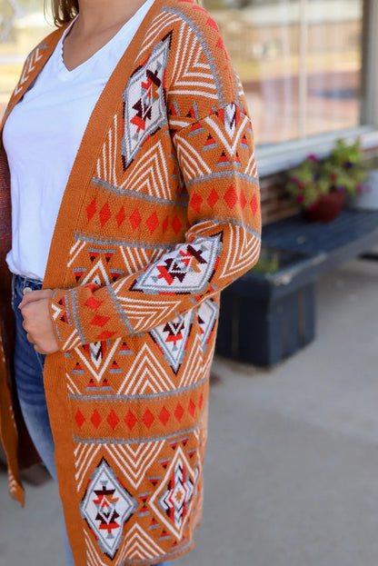 Brown Aztec Geometric Knit Open Front Cardigan - Chic Meadow Boutique 