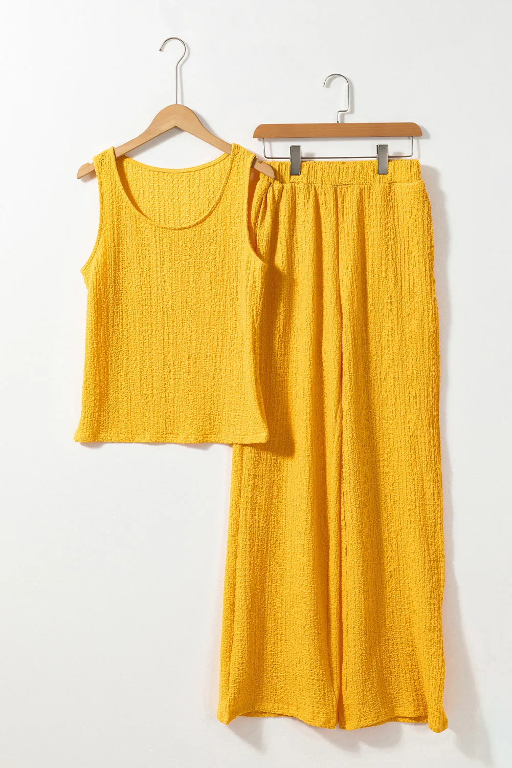 Yellow Crinkled U Neck Tank Top and Wide Leg Pants Set - Chic Meadow Boutique 