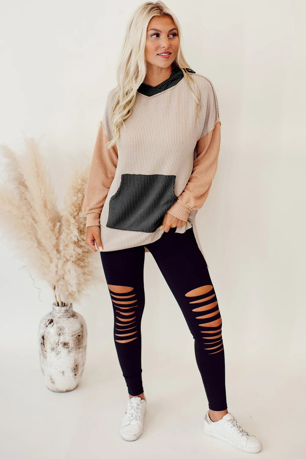 Smoke Gray Color Block High Low Textured Hoodie - Chic Meadow Boutique 