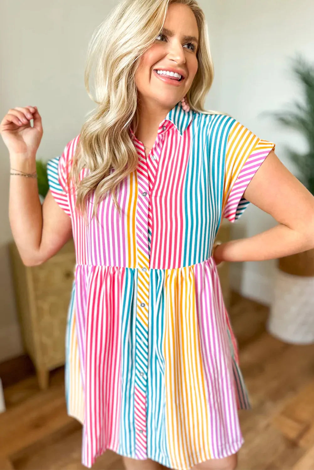 Multicolour Colorblock Striped Short Sleeve Buttoned Shirt Dress - Chic Meadow Boutique 