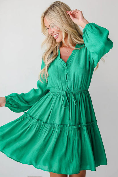 Sea Green Frilly V Neck Puff Sleeve Drawstring Shift Mini Dress - Chic Meadow Boutique 