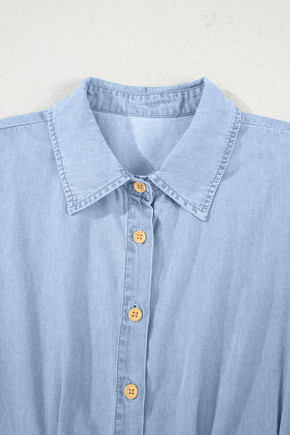 Myosotis Denim Pleated Slim Waist Short Sleeve Shirt Dress