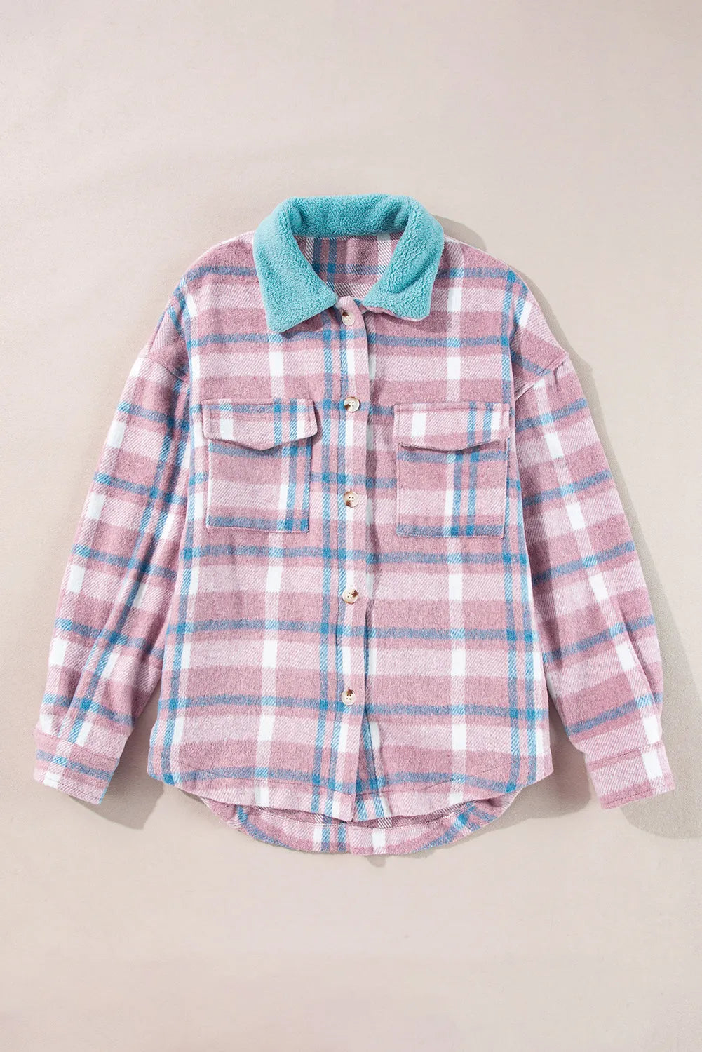 Outerwear/Plaid Shackets Pink Plaid Print Color Block Collared Flap Pockets Loose Shacket