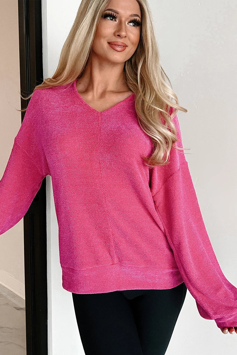 Rose Red Textured Long Sleeve V Neck Top - Chic Meadow Boutique 