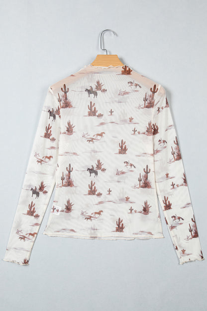 Beige Floral Print Slim Fit Mesh Long Sleeve Mock Neck Top