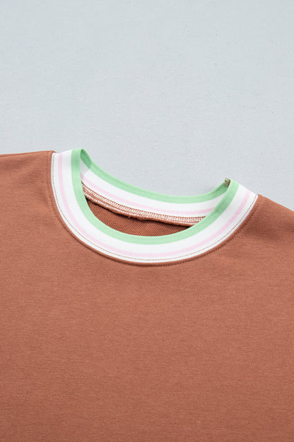 Straw Yellow Contrast Striped Trim Baggy Pullover Sweatshirt