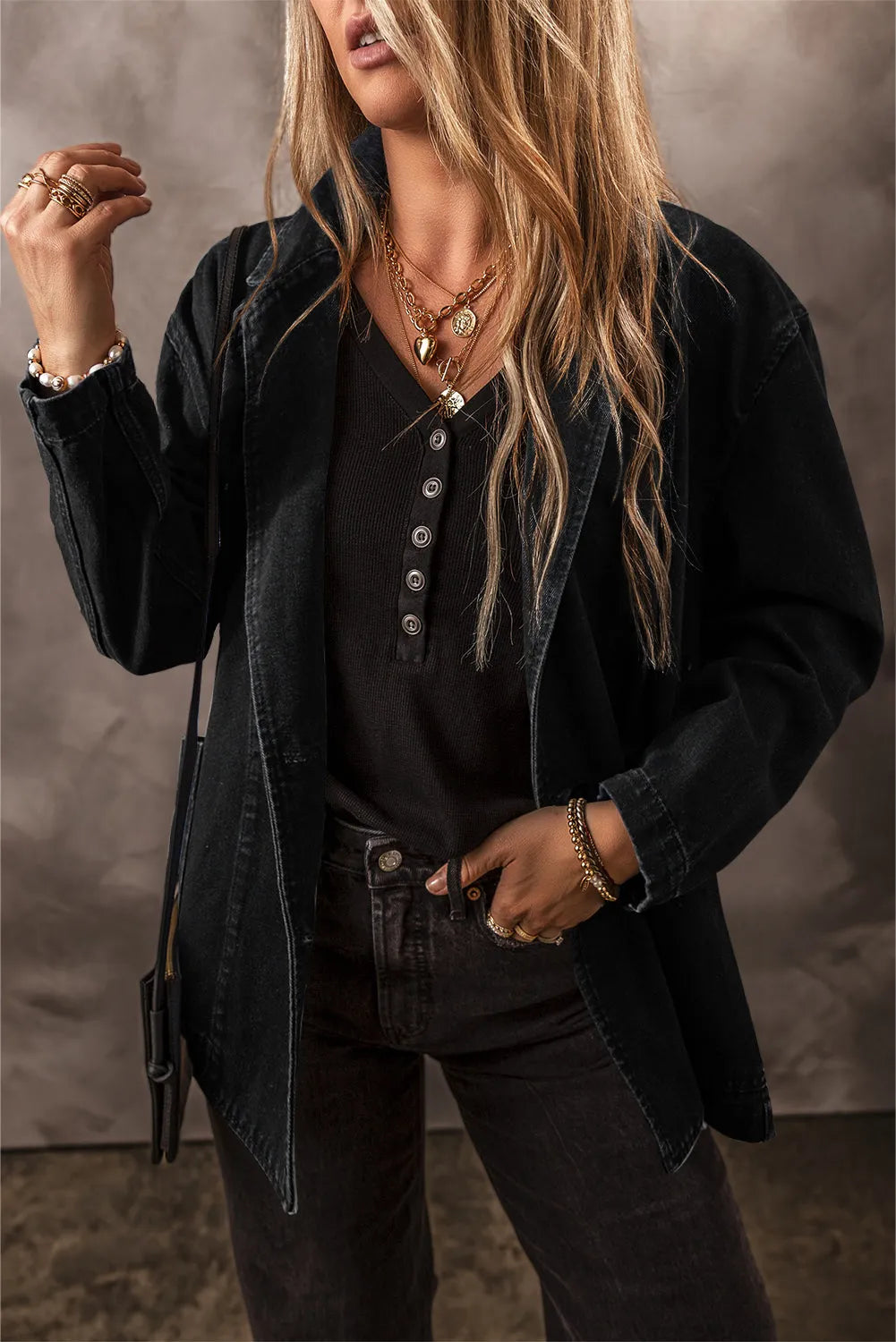 Black Side Pockets Lapel Collar Denim Jacket - Chic Meadow Boutique 