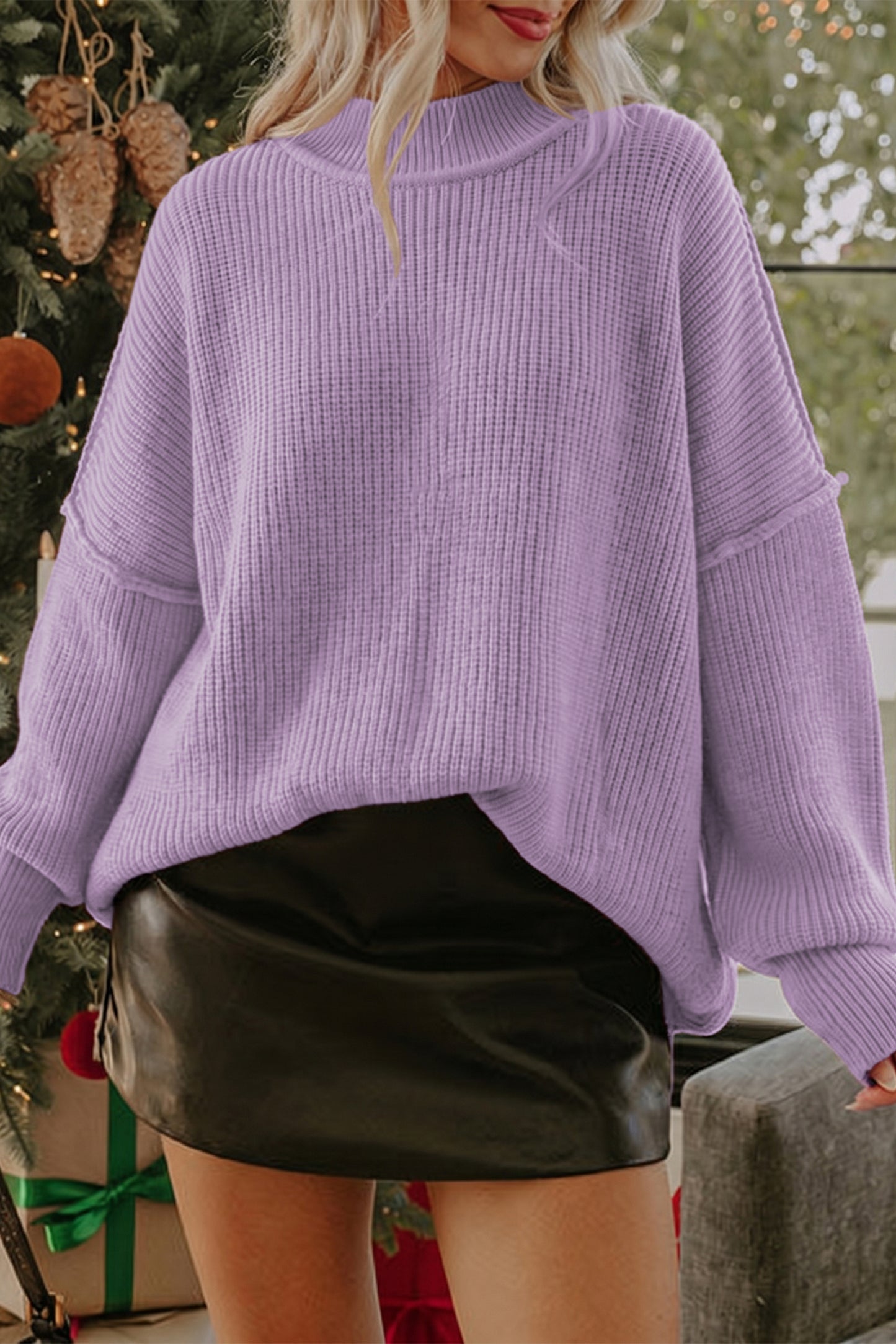 Orchid Bouquet Long Sleeve Ribbed Knit Stand Neck Regular Fit Pullover Sweater