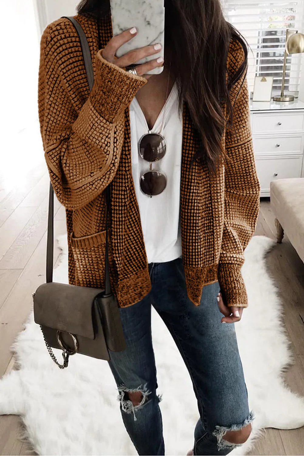 Brown Chunky Waffle Knit Oversized Collar Cardigan - Chic Meadow Boutique 