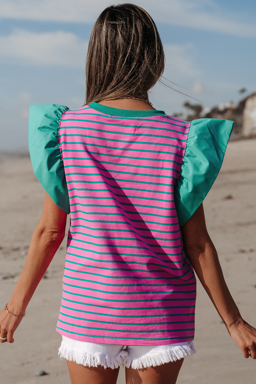 Pink Stripe Colorblock Ruffled Sleeve Crew Neck Blouse