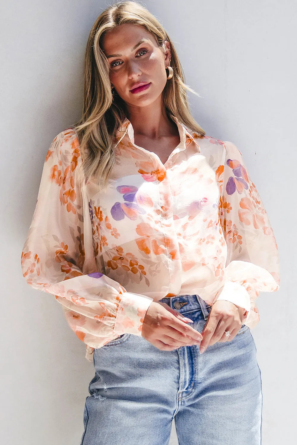 White Floral Print Collared Balloon Sleeve Loose Shirt - Chic Meadow Boutique 