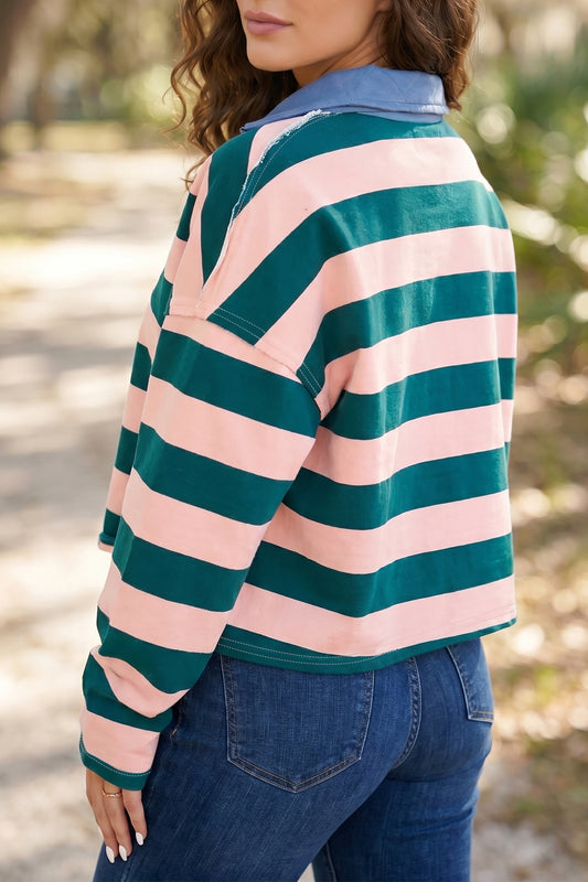 Green Stripe Quarter-Zip Metal Zipper Cover Stitch Hem Top