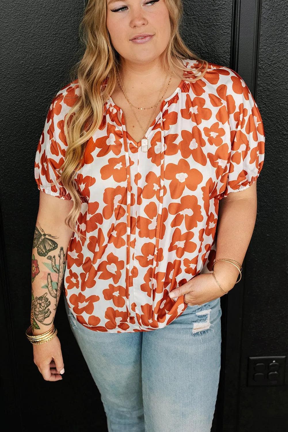 Plus Size/Plus Size Tops/Plus Size Blouses & Shirts Orange Plus Size Floral Print Drawstring V Neck Short Sleeve Blouse