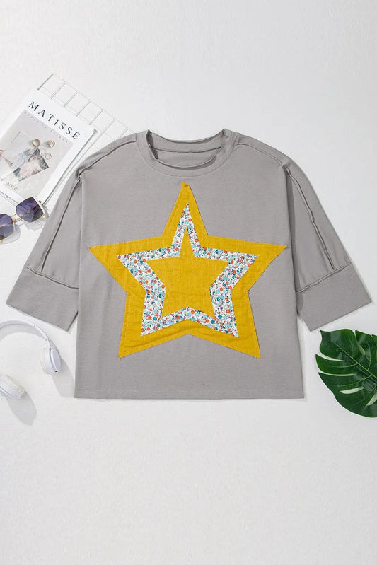 Plus Size/Plus Size Tops/Plus Size Tops & Tees Medium Grey / 1X / 95%Cotton+5%Elastane Medium Grey Floral Star Patched Pattern 3/4 Sleeve Plus Size Top