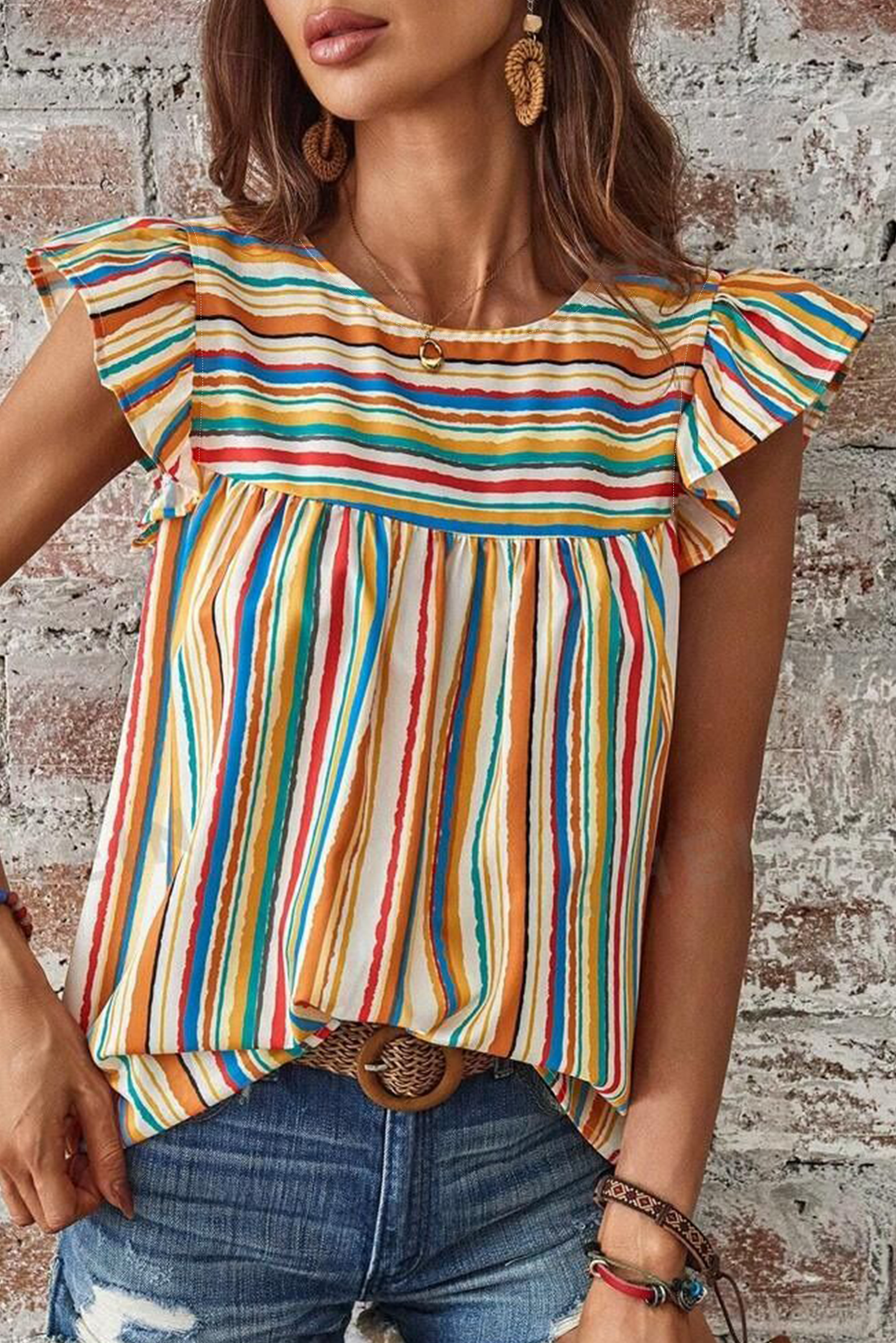 Multicolour Vibrant Stripes Printed Flutter Sleeve Babydoll Blouse