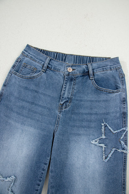 Stone Blue Star Patchwork Cropped Wide Leg High Waist Jeans