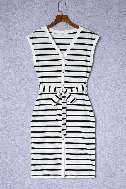 Striped Button Slit Tie V-Neck Midi Dress - Chic Meadow Boutique 