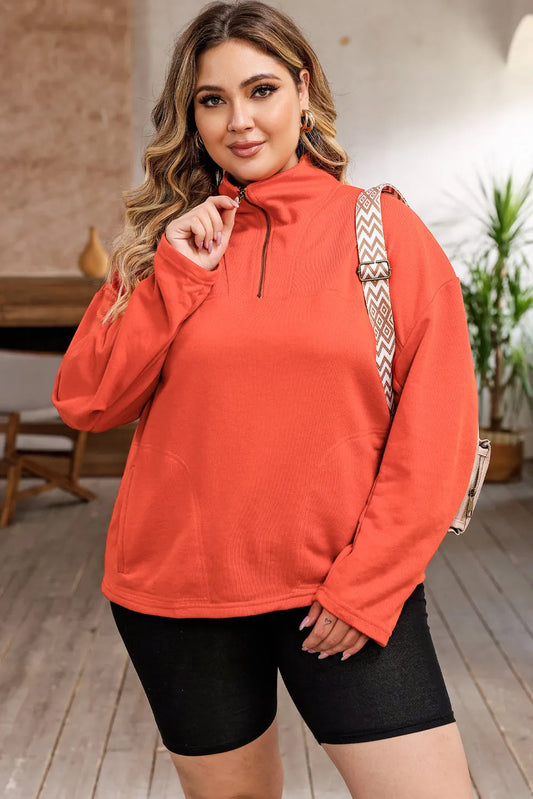 Orange O-ring Zipper Pocketed Plus Size Sweatshirt - Chic Meadow Boutique 