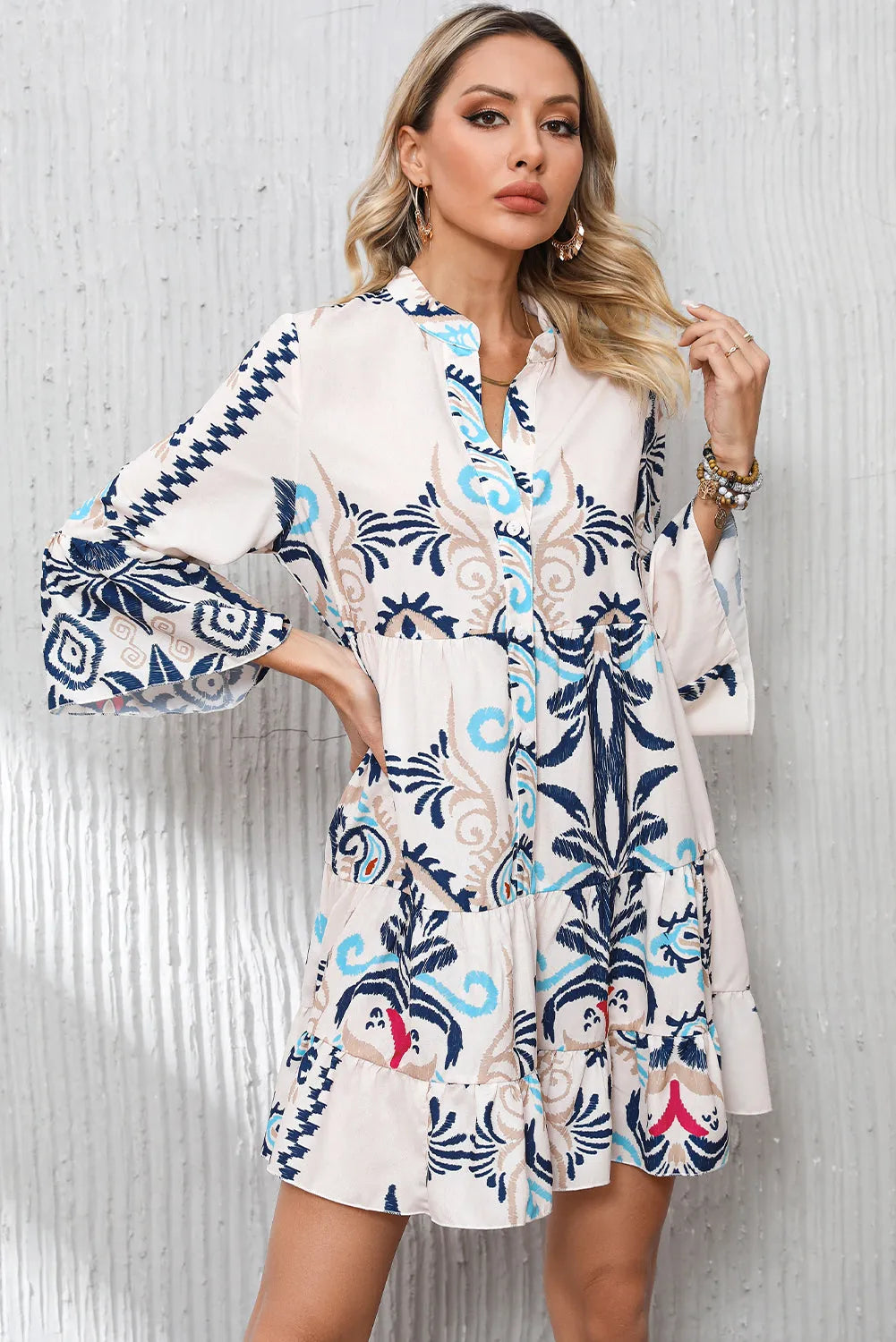 White Printed Tribal Print Bracelet Sleeve Buttoned Mini Dress - Chic Meadow Boutique 