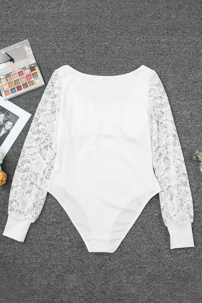 White Lace Sleeves Square Neck Bodysuit - Chic Meadow Boutique 