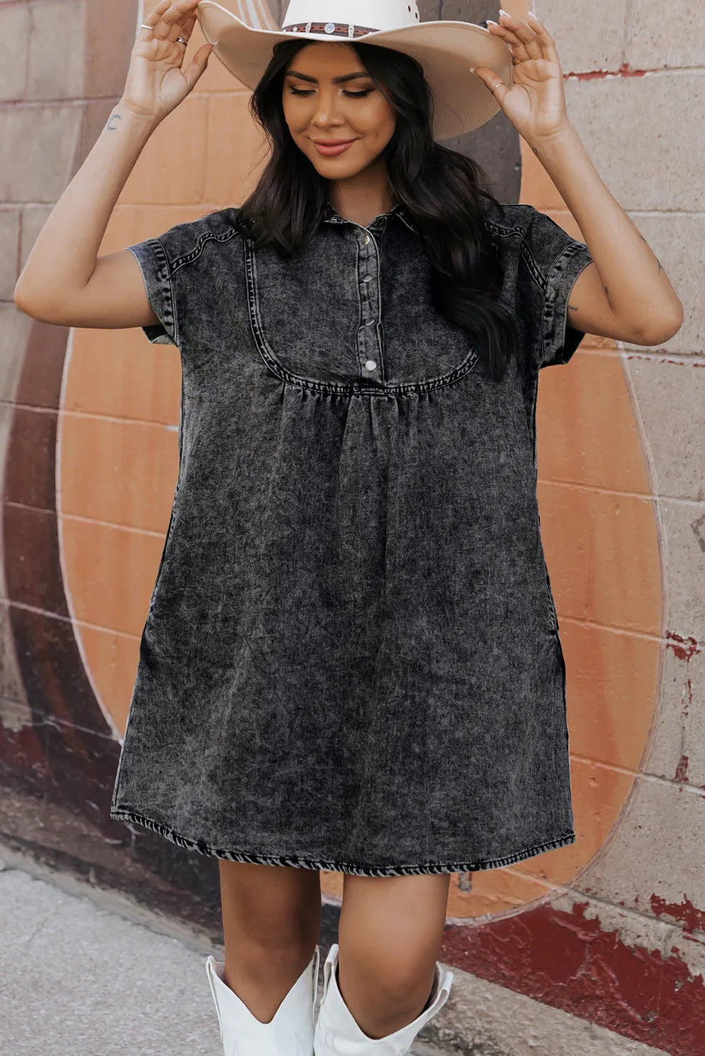 Black Acid Wash Button Front Collared Short Sleeve Denim Dress - Chic Meadow Boutique 