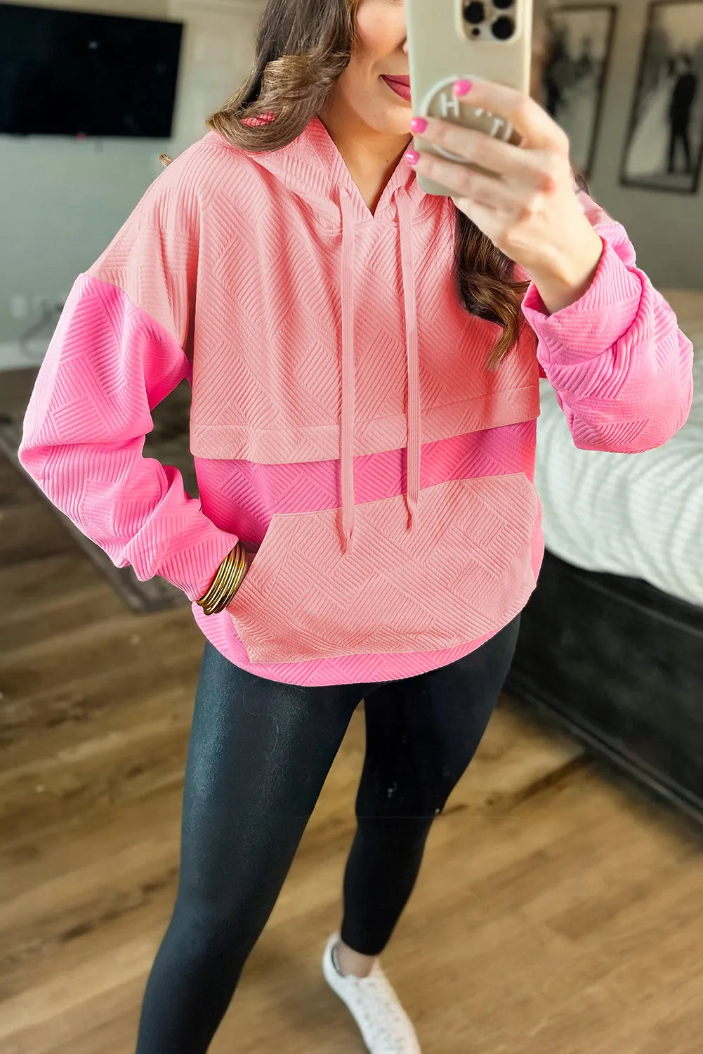 Pink Textured Color Block Kangaroo Pocket Drop Shoulder Hoodie - Chic Meadow Boutique 