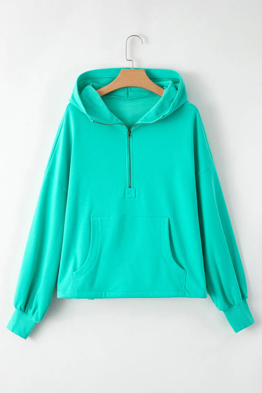 Aruba Blue Fleece Lined Half Zipper Kangaroo Pockets Loose Hoodie - Chic Meadow Boutique 