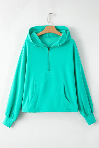 Aruba Blue Fleece Lined Half Zipper Kangaroo Pockets Loose Hoodie - Chic Meadow Boutique 