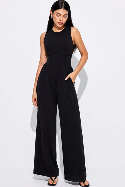 Black Cinched Waist Sleeveless Wide Leg Jumpsuit - Chic Meadow Boutique 