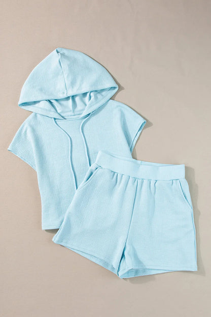 Beau Blue Textured Cropped Hoodie and Shorts Set - Chic Meadow Boutique 