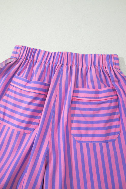 Rose Stripe Elastic Waist Ruffle Trim Casual Shorts